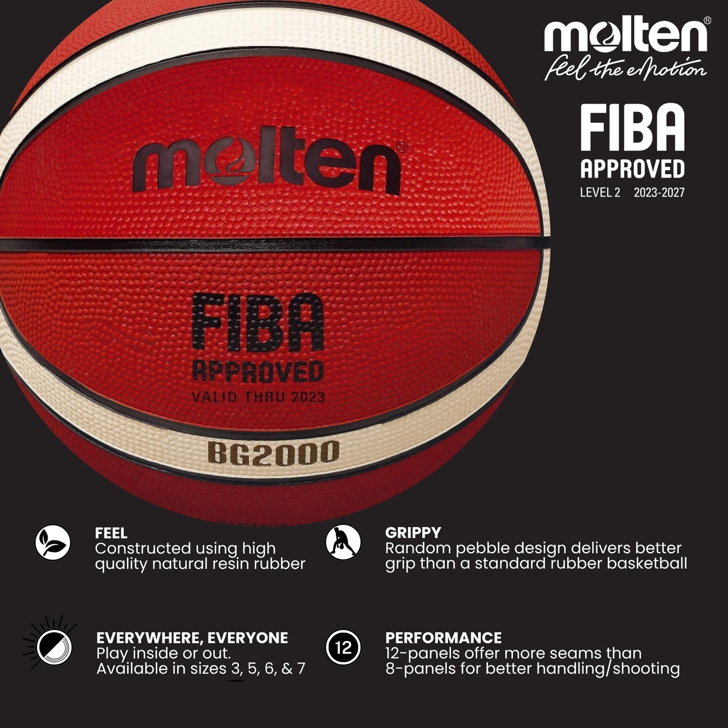 Molten BG2000 Basketball 12 Panel Rubber (Indoor & Outdoor)